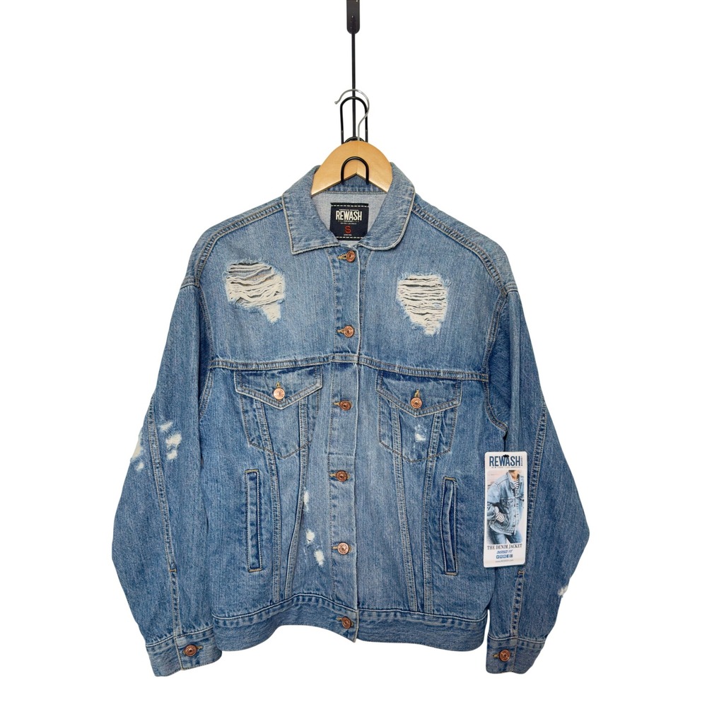 Rewash Brand Women The Denim Oversized Trucker Small Denim Distressed Jacket Y2K
